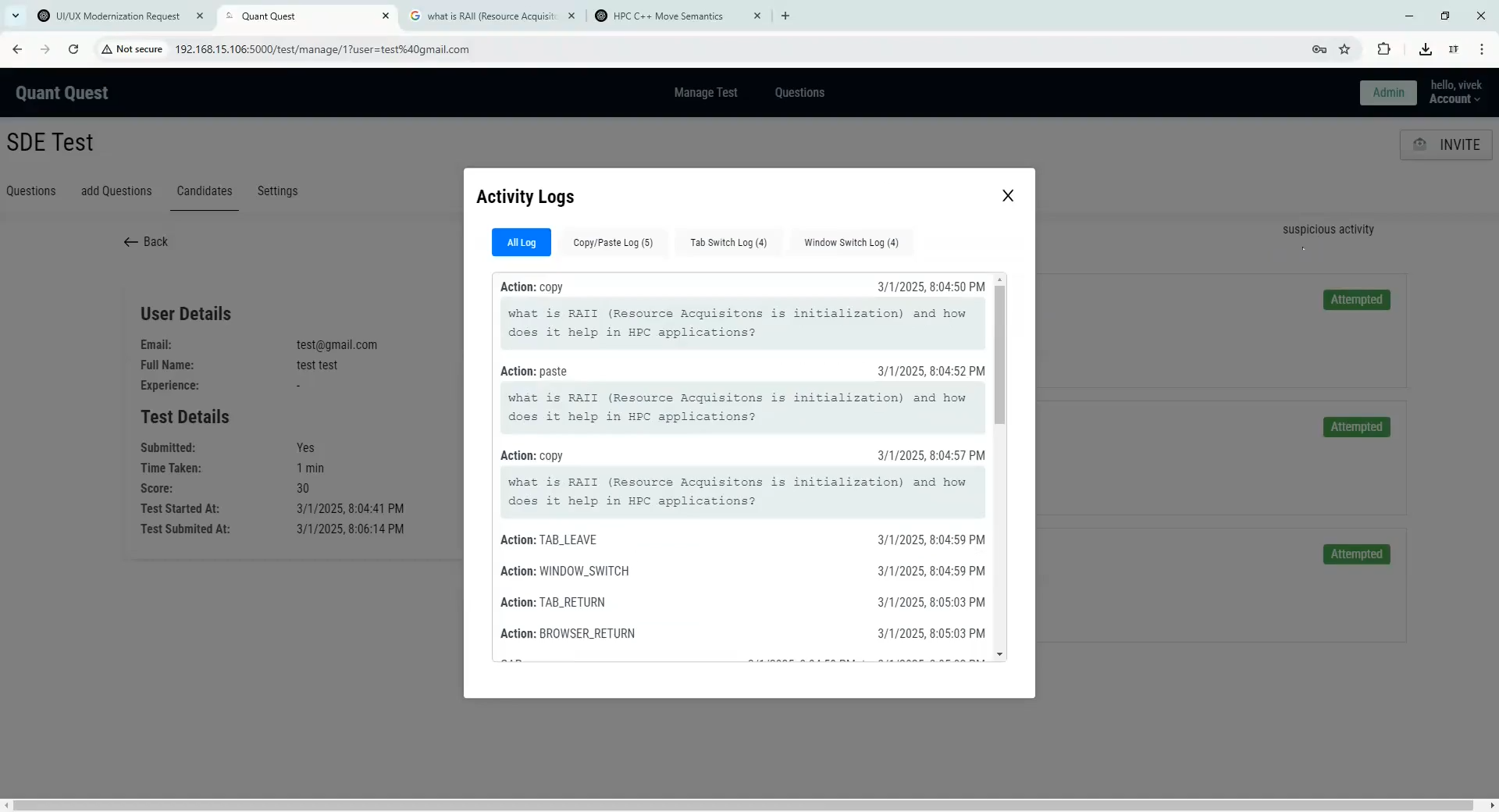 Activity logs interface showing user interactions and logs.