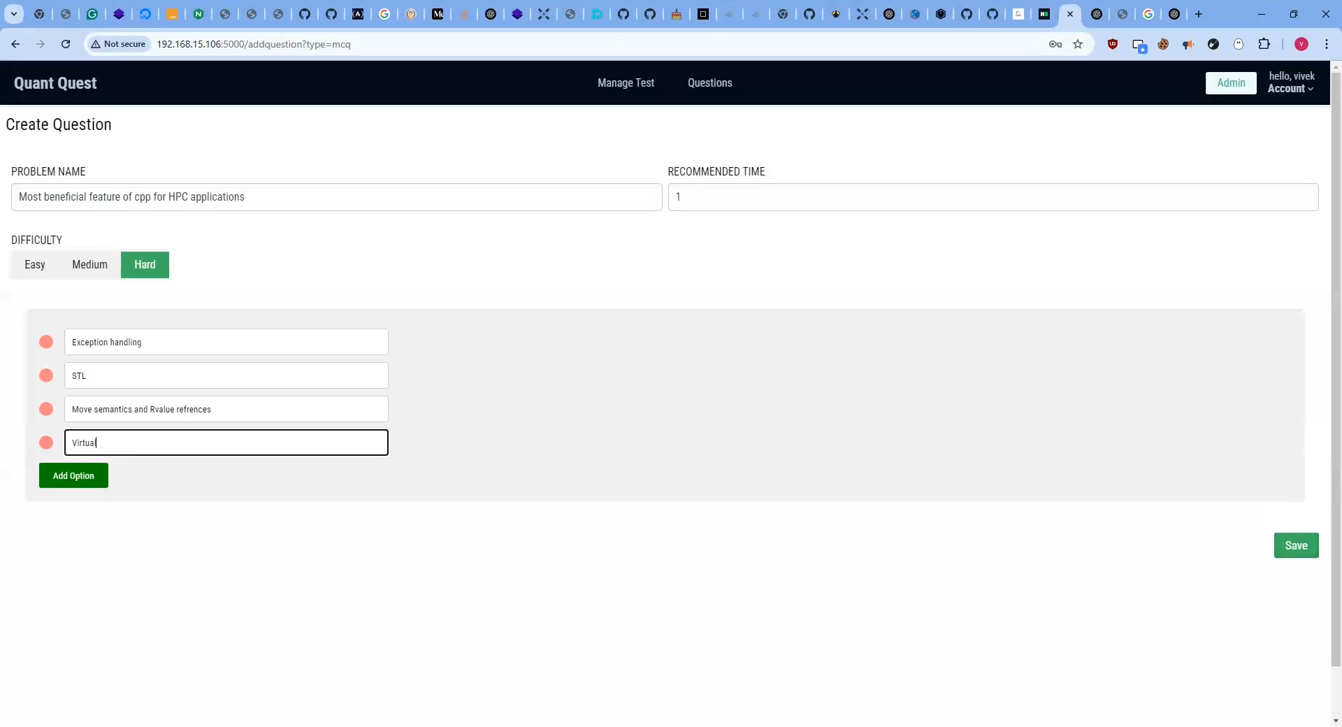Interface for adding a multiple-choice question to the system.