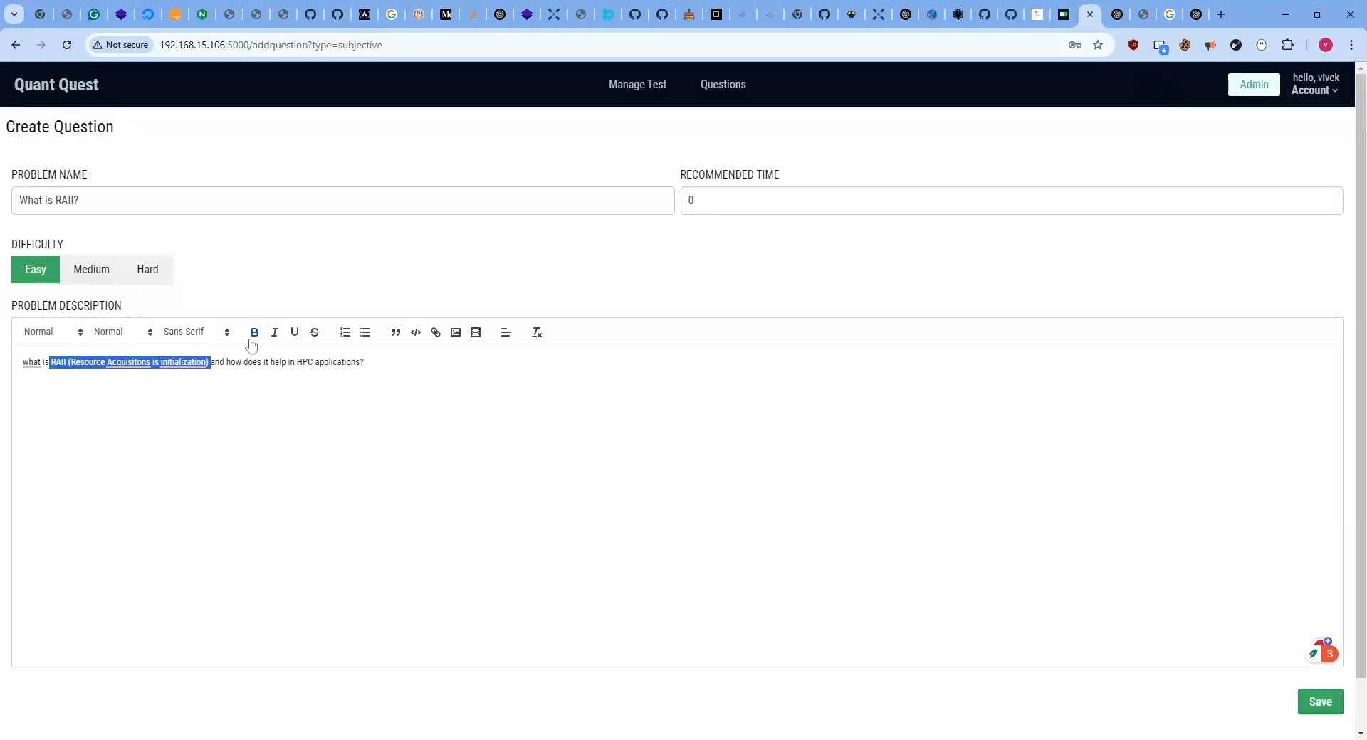 Interface for adding a subjective question with text input fields.