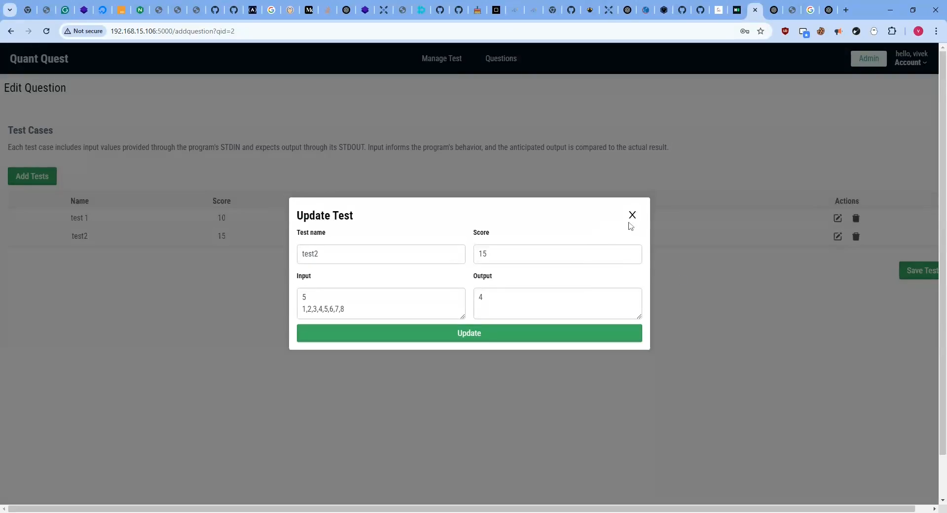 Form for adding test cases for coding problems.
