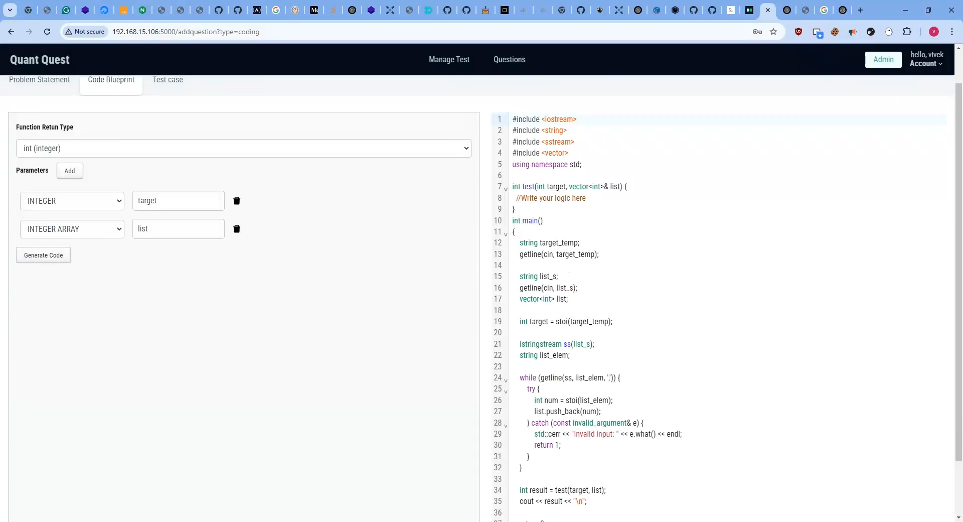 Code blueprint interface displaying coding structure or problem setup.
