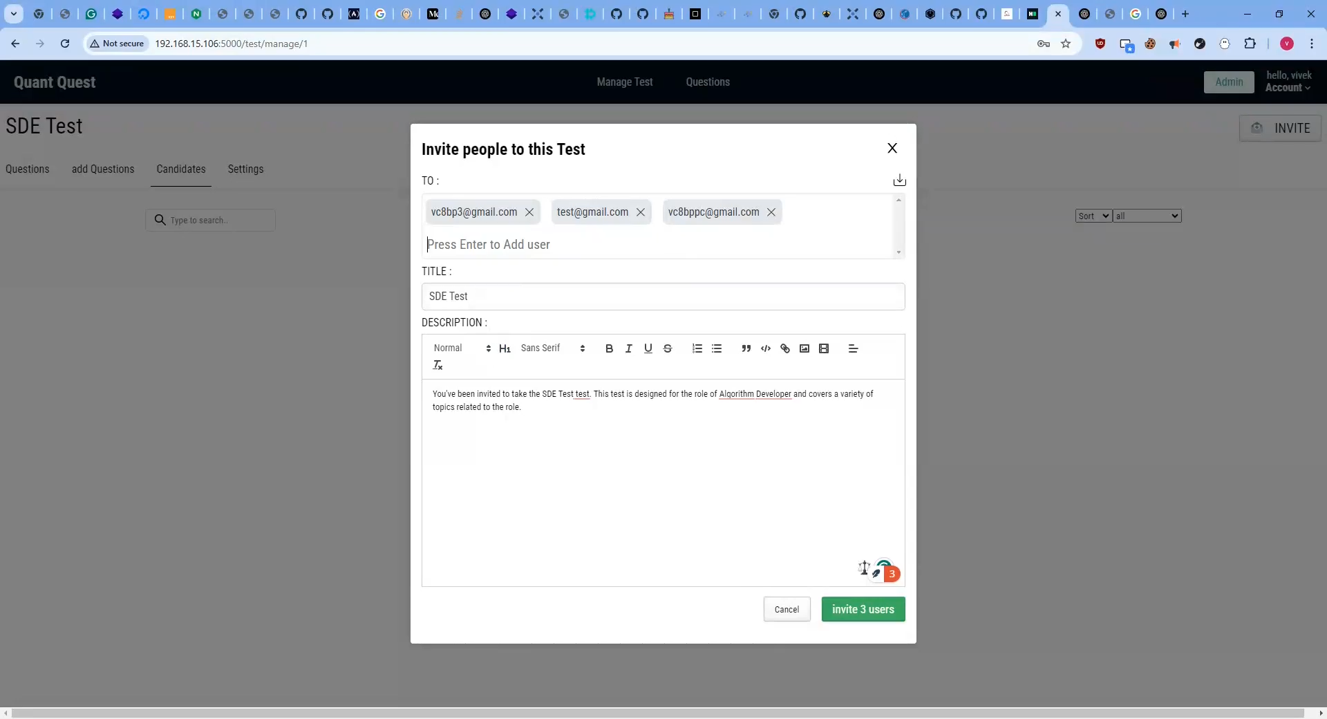 Interface for inviting users or candidates to the platform.